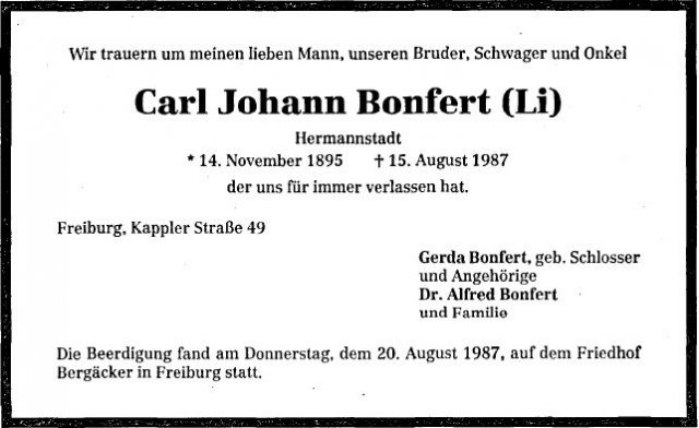 Bonfert Carl Julius 14.11.1895-1987 Todesanzeige